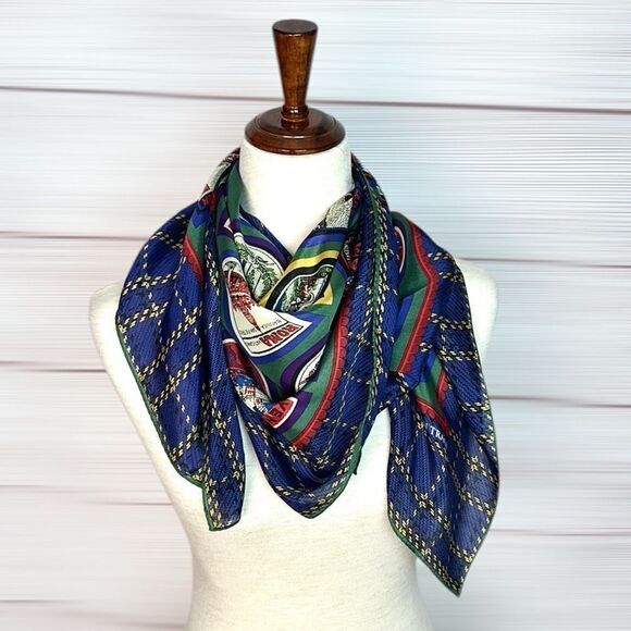 Ellen Tracy Silk Square Scarf Italian Cities Print Blue Green - Picture 4 of 9